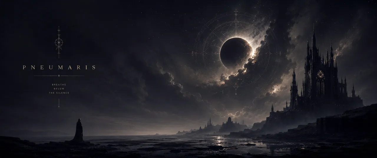 Pneumaris desktop wallpaper: a robed figure facing an eclipsed moon over a gothic spire skyline